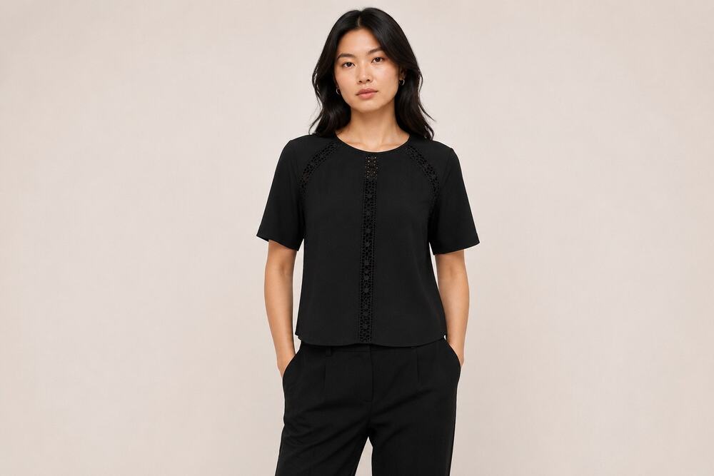 Wilfred Aritzia Black Crochet Trim Blouse XS Career Office Top